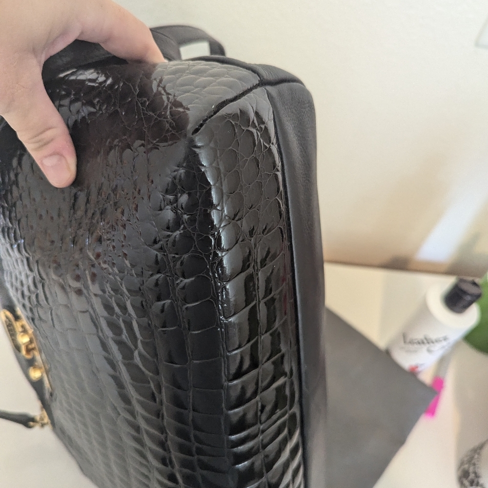 Bally Black Croc-Embossed Leather Bag with Gold Accents - Picture 13 of 15